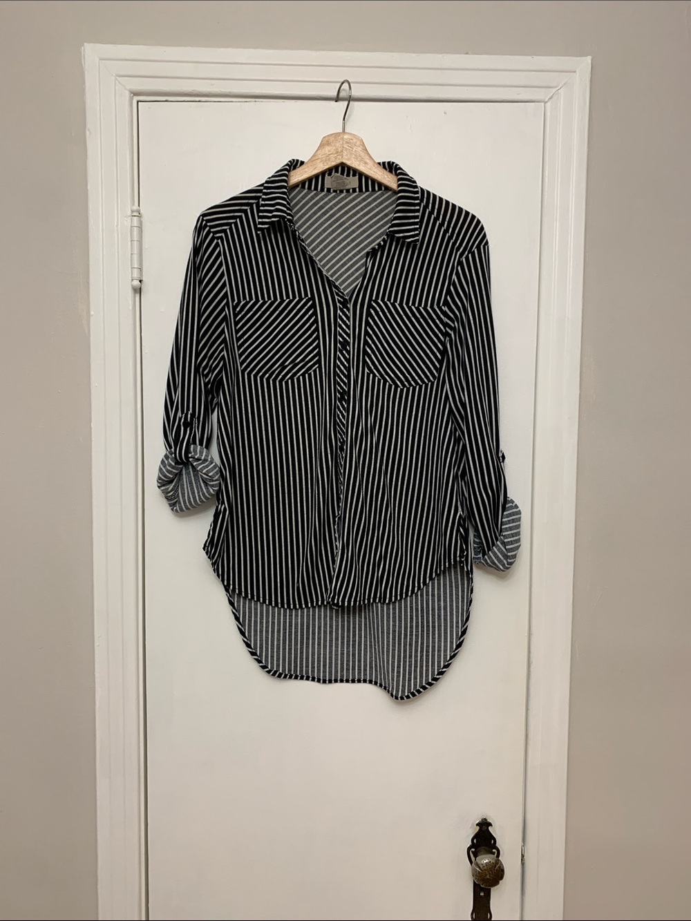 Passport Black and White Striped Button-Up Blouse